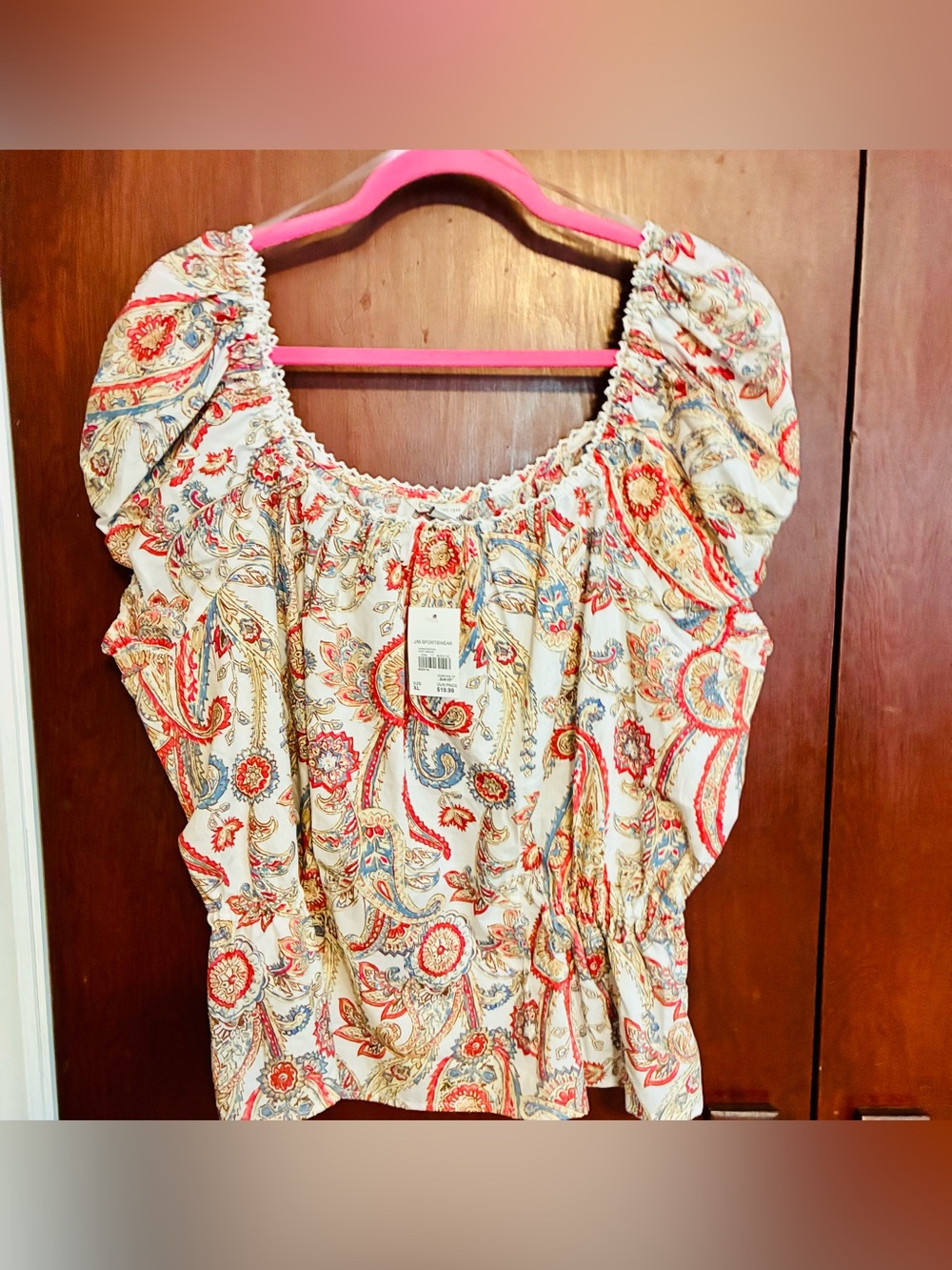 Cato Cream Paisley Smocked Peasant Top with Red & Blue Accents